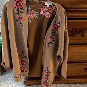 Umber beige suede floral embroidered jacket